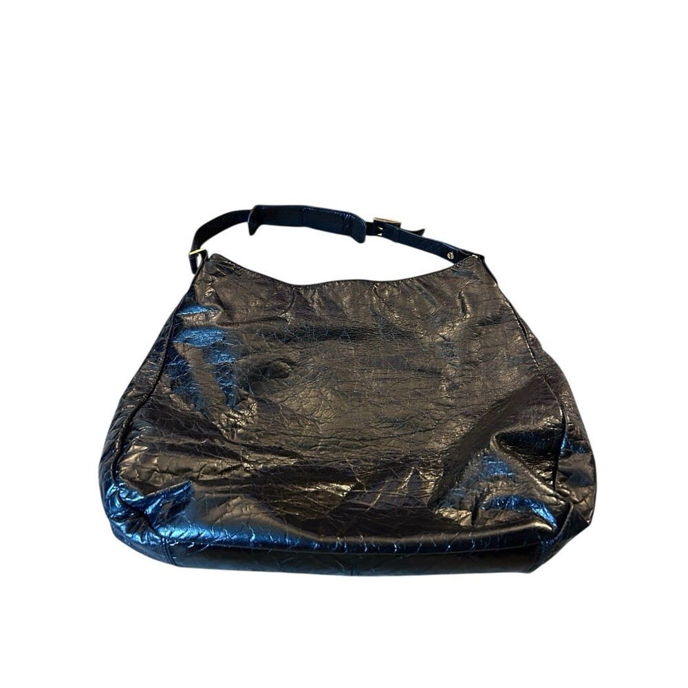 Tory Burch Black Glazed Distressed Leather Shoulder Tote Hobo Bag Gold Trim - Picture 5 of 14